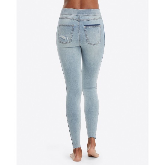  Distressed Skinny Jeans with Side Stripe (Blue, Large)