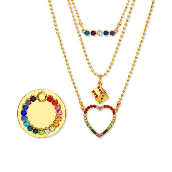  Gold-Tone Multicolor Pave Layered Pendant Necklace & Phone Ring Set