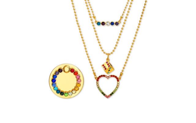  Gold-Tone Multicolor Pave Layered Pendant Necklace & Phone Ring Set