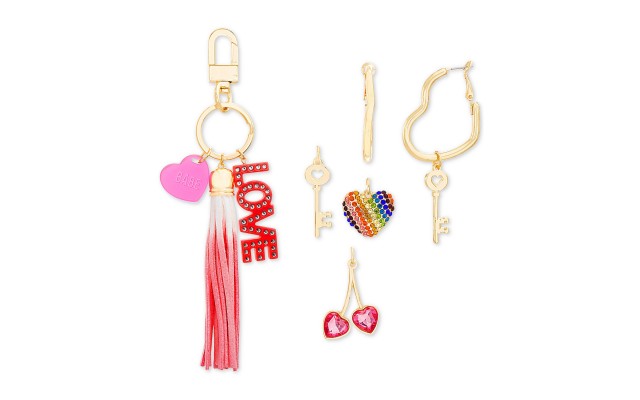  Interchangeable Charm Key Ring & Heart Hoop Earrings Sets, Gold