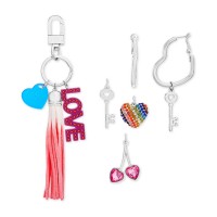 Steve Madden Interchangeable Charm Key Ring & Heart Hoop Earrings Sets, Silver