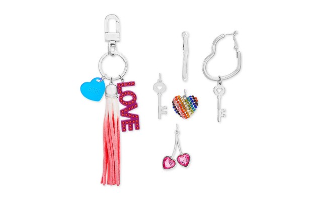  Interchangeable Charm Key Ring & Heart Hoop Earrings Sets, Silver