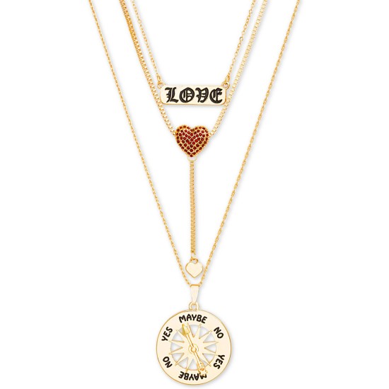  Pavé Heart “Love” Layered Pendant Necklace, 15″ + 3″ Extender, Gold