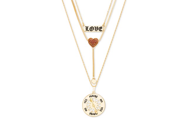  Pavé Heart “Love” Layered Pendant Necklace, 15″ + 3″ Extender, Gold
