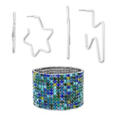 Steve Madden Silver-Tone Multicolor Pavé Stretch Bracelet & 2-Pc. Hoop Earring Gift Set