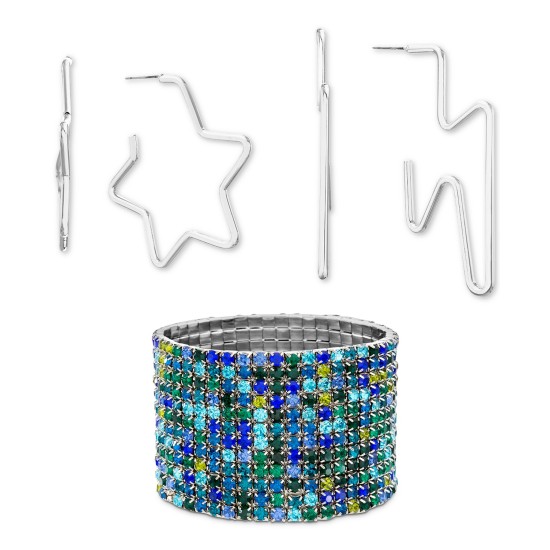  Silver-Tone Multicolor Pavé Stretch Bracelet & 2-Pc. Hoop Earring Gift Set