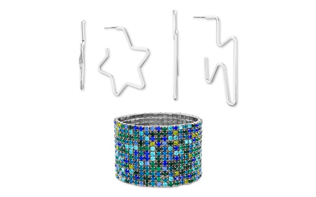  Silver-Tone Multicolor Pavé Stretch Bracelet & 2-Pc. Hoop Earring Gift Set