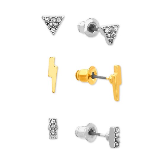  Two-Tone 3-Pc. Set Pave Lightning Bolt Stud Earrings (Silver-Gold)