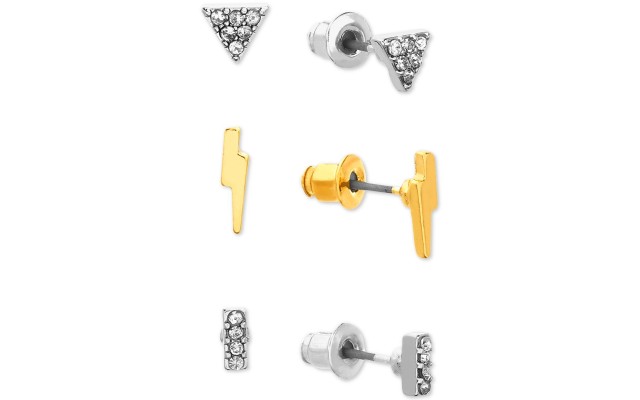  Two-Tone 3-Pc. Set Pave Lightning Bolt Stud Earrings (Silver-Gold)