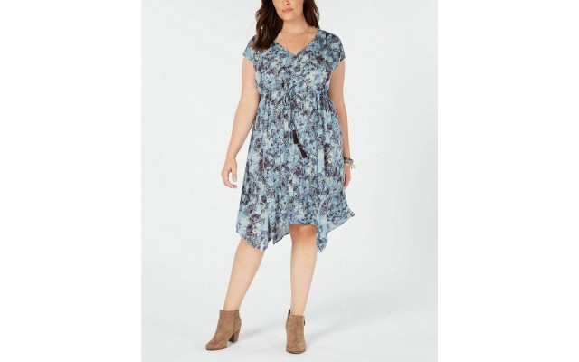 Style & Co Dress Vneck Tie Waist Mid Dress (Blue, M)