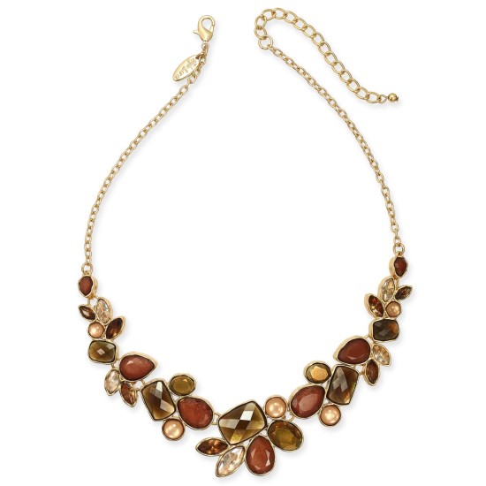 Style & Co Gold-Tone Multi-Stone Statement Necklace, 17″ + 3″ Extender, Brown