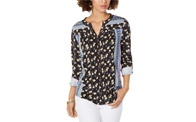 Style & Co Mixed-Print Roll-Tab Top (Gray, L)