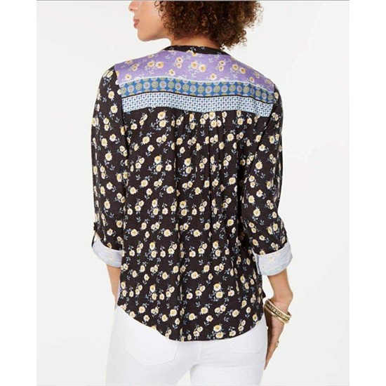 Style & Co Mixed-Print Roll-Tab Top (Gray, L)