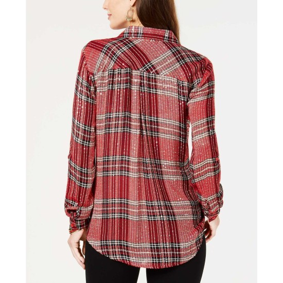 Style & Co Petite Sequined Plaid Shirt (Red, PM)