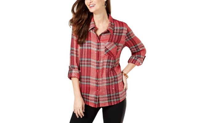 Style & Co Petite Sequined Plaid Shirt (Red, PM)