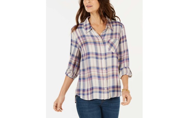 Style & Co Plaid Pintuck Shirt (Pastel Purple, XL)