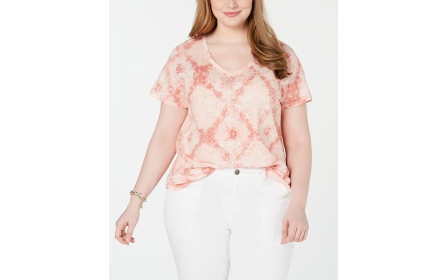 Style & Co Plus Size Cotton Printed V-Neck Short Sleeve T-Shirt  (Pink , Size :3X)