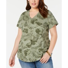 Style & Co Plus Size Cotton Printed V-Neck T-Shirt (Green, 0X)