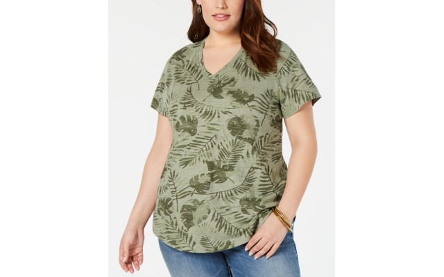 Style & Co Plus Size Cotton Printed V-Neck T-Shirt (Green, 0X)