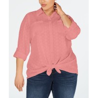 Style & Co Plus Size Cotton Textured Tie-Front Button-Up Shirt, Bright Red, 1X