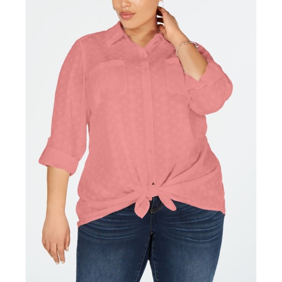 Style & Co Plus Size Cotton Textured Tie-Front Button-Up Shirt, Bright Red, 1X