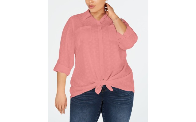 Style & Co Plus Size Cotton Textured Tie-Front Button-Up Shirt, Bright Red, 1X