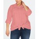 Style & Co Plus Size Cotton Textured Tie-Front Button-Up Shirt, Bright Red, 1X
