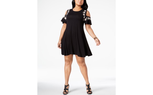 Style & Co Plus Size Embroidered Cold-Shoulder A-Line Dress – Black