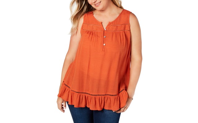 Style & Co Plus Size Island Getaway Ruffle Hem Pintuck Blouse 3X – Cider Spice
