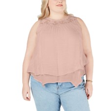 Style & Co Plus Size Lace-Yoke Crochet-Trim Tiered Top 0X – Pink