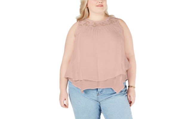 Style & Co Plus Size Lace-Yoke Crochet-Trim Tiered Top 0X – Pink