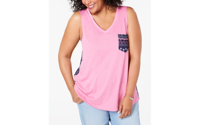Style & Co Plus Size Mixed-Print Colorblocked Tank Top, Pink-Navy, 0X