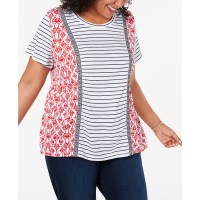 Style & Co Plus Size Mixed-Print T-Shirt, Dark Red, 2X