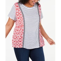 Style & Co Plus Size Mixed-Print T-Shirt, Dark Red, 4X