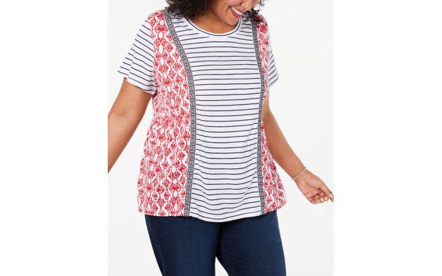 Style & Co Plus Size Mixed-Print T-Shirt, Dark Red, 4X