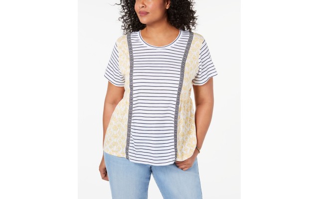 Style & Co Plus Size Mixed-Print T-Shirt, Darkyellow, 3X