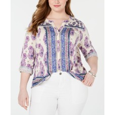 Style & Co Plus Size Printed Ladder-Trim Blouse