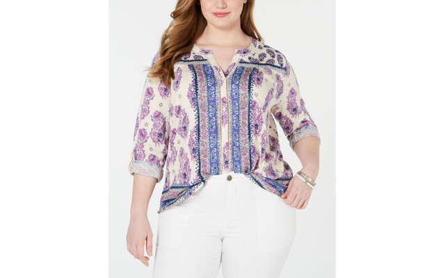 Style & Co Plus Size Printed Ladder-Trim Blouse, White, 0X