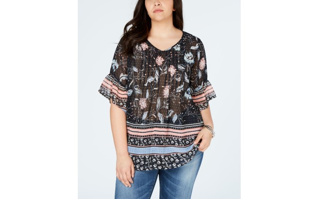 Style & Co Plus Size Printed Pintucked Blouse