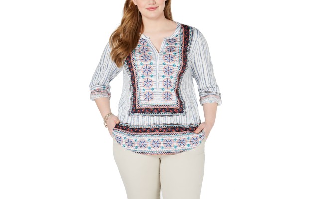 Style & Co Plus Size Printed Roll-Tab Top 1X – Light Blue