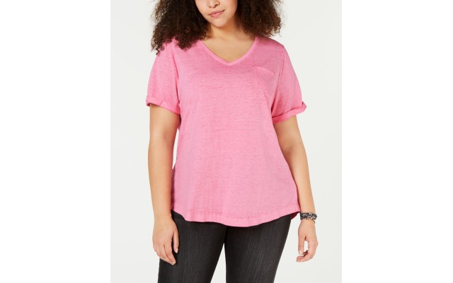 Style & Co Plus Size Short Sleeve V-Neck Burnout T-Shirt (Pink , 2X)