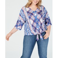 Style & Co Plus Size Style & Co Printed Tie-Front Top, Natural, 1X