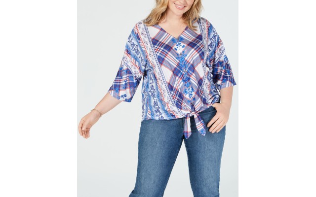 Style &#038; Co Plus Size Style &#038; Co Printed Tie-Front Top, Natural, 2X
