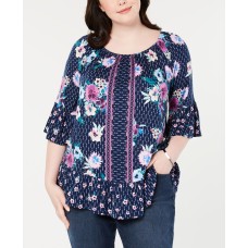 Style & Co. Shirt Plus Size  Women Off-the-Shoulder Top Floral (Navy, 1X)