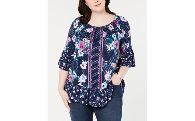 Style & Co. Shirt Plus Size  Women Off-the-Shoulder Top Floral (Navy, 1X)