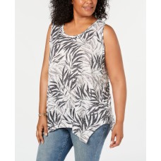 Style & Co Tank Top Plus  Sleeveless Tropic Travels Black White Leaves