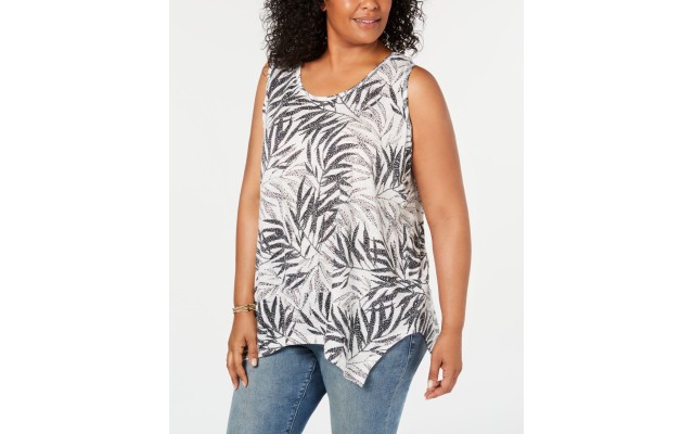 Style & Co Tank Top Plus  Sleeveless Tropic Travels Black White Leaves, White, 1X