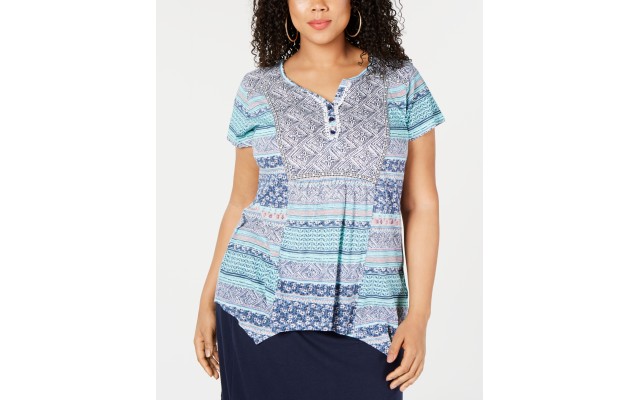  Womens Blue 1/4 Placket Printed Tee Top Shirt, Dark Green, 0X