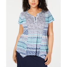 Style & Co. Womens Blue 1/4 Placket Printed Tee Top Shirt