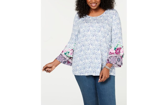  Womens Blue Printed Tiered Blouse Top Shirt